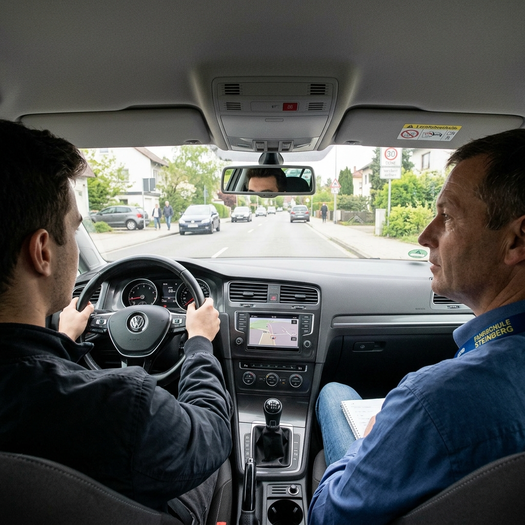 Fahrschüler übt sicheres Fahren mit Fahrlehrer