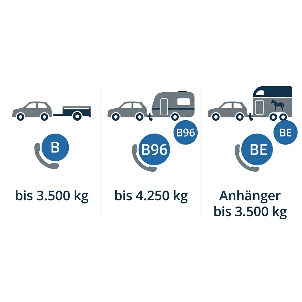 Infografik zum Vergleich der Anhänger-Führerscheinklassen B, B96 und BE mit Gewichtsgrenzen