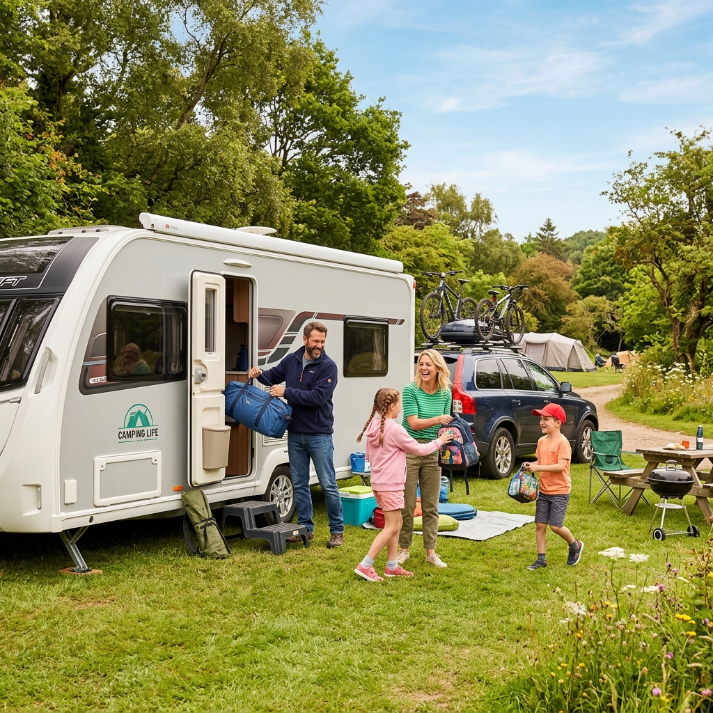 Familie mit Wohnwagen-Gespann auf dem Campingplatz als Beispiel für die Führerschein-Erweiterung B96