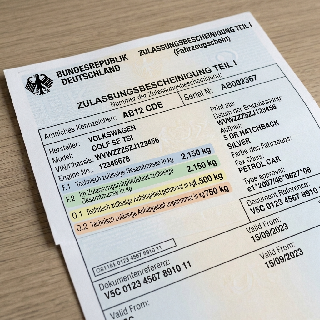 Fahrzeugschein mit markierten Feldern zur Berechnung der zulässigen Gesamtmasse für den Anhänger-Führerschein