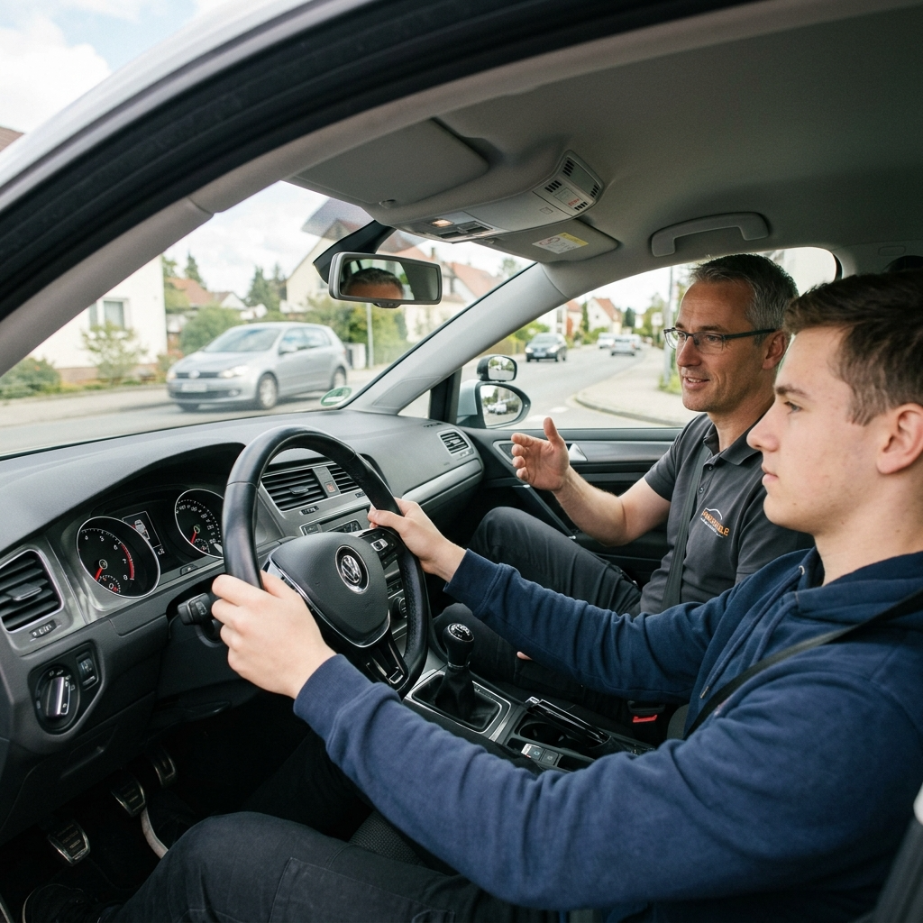 Fahrschüler übt mit Fahrlehrer für die praktische Führerscheinprüfung