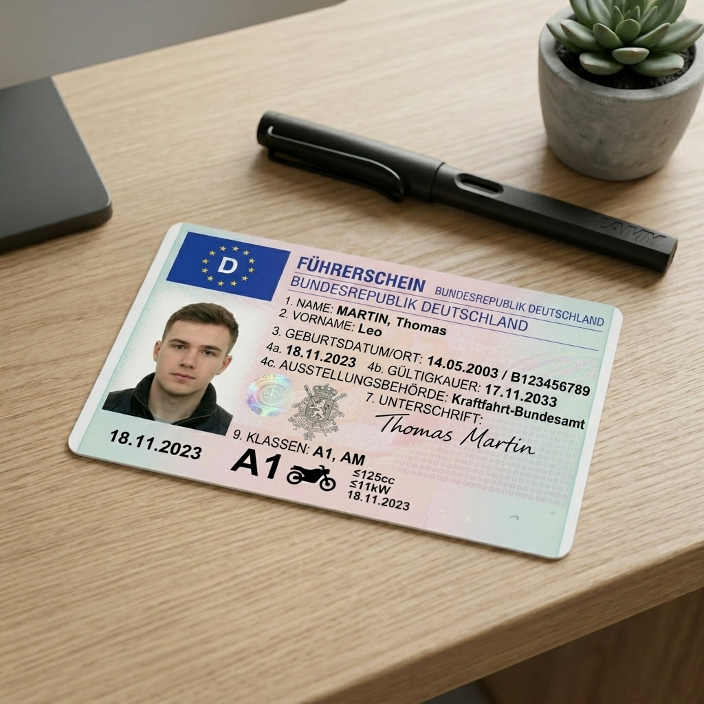 Deutscher Führerschein der Klasse A1 als Dokumentbild für Motorradführerschein und Fahrerlaubnis in Deutschland