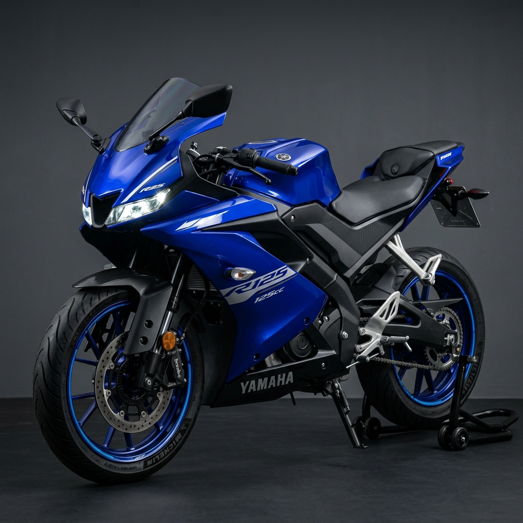 Modernes sportliches 125ccm Motorrad mit detaillierter Verkleidung und Scheinwerfer vor sauberem Studiohintergrund.