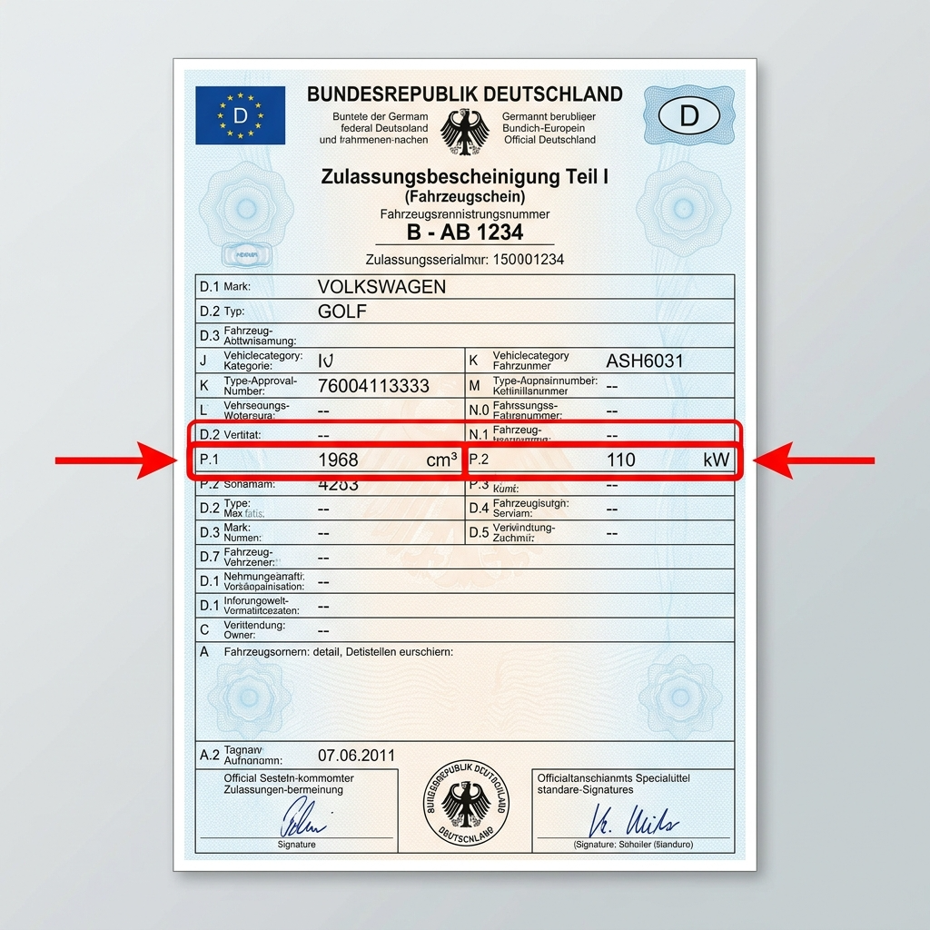 Fahrzeugschein (Zulassungsbescheinigung Teil I) mit rot markierten Feldern P.1 Hubraum und P.2 Nennleistung