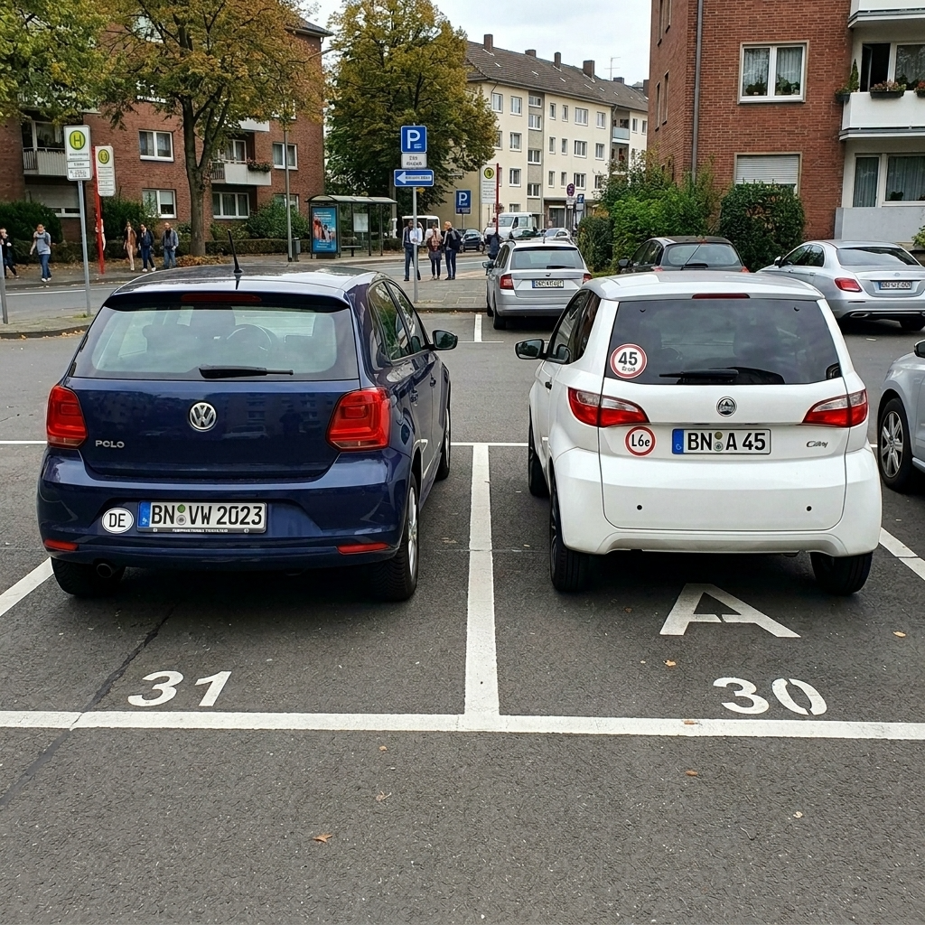 Vergleich zwischen einem regulären Kleinwagen und einem führerscheinfreien Leichtfahrzeug auf einem deutschen Parkplatz