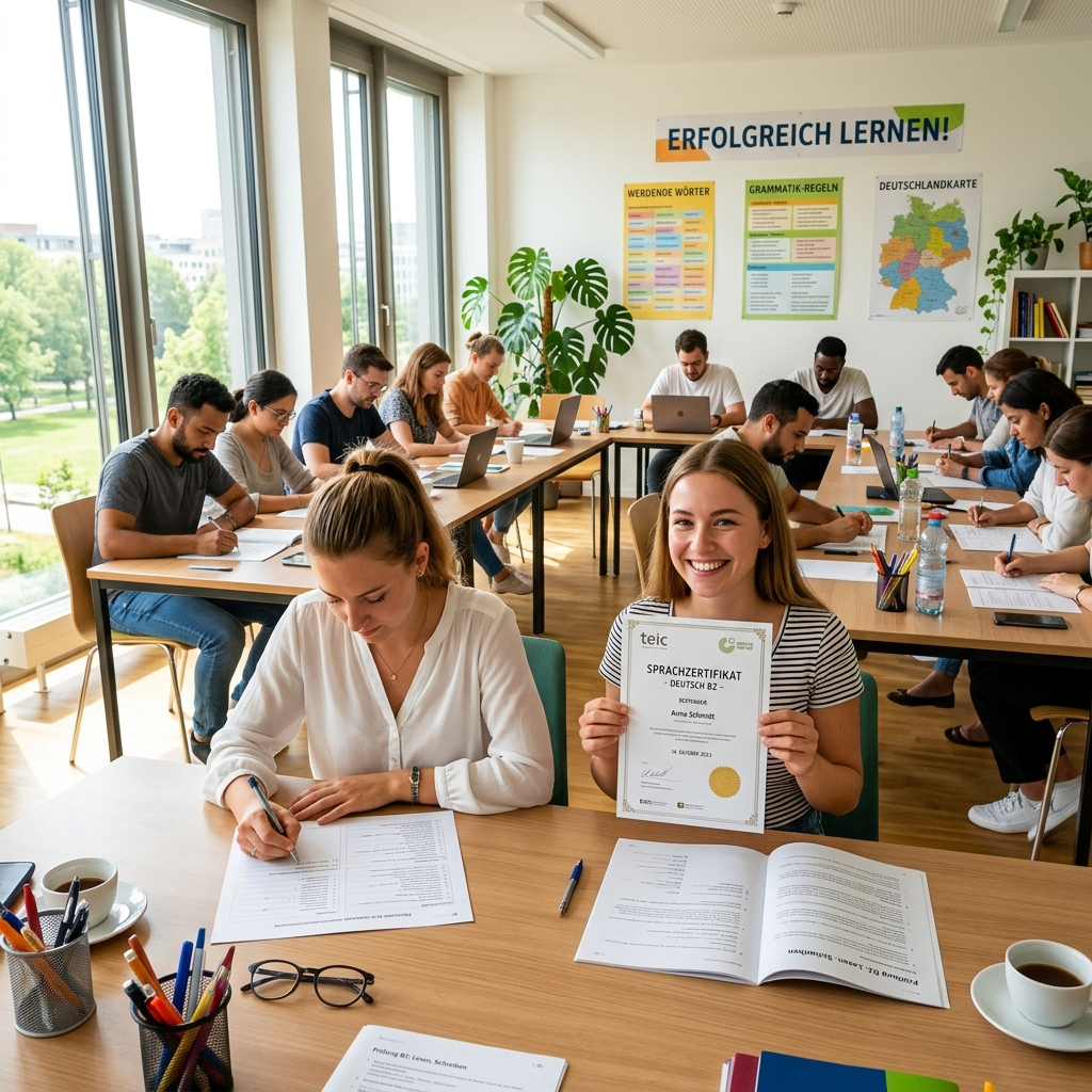 Teilnehmerin hält ihr legal erworbenes Deutschzertifikat nach bestandener Prüfung.